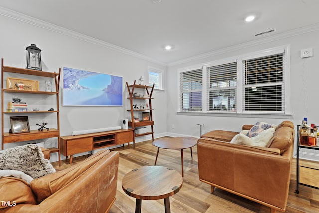 living room featuring ornamental molding and light wood-type flooring