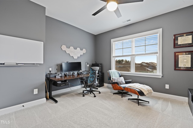 office featuring ceiling fan and carpet flooring