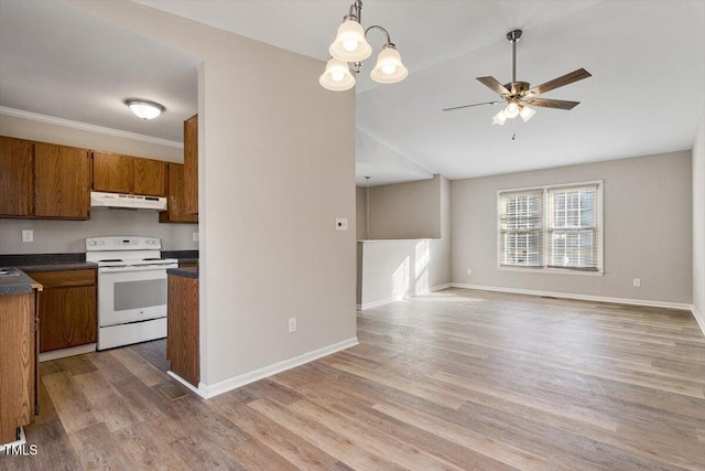 kitchen with lofted ceiling, hardwood / wood-style flooring, ceiling fan, decorative light fixtures, and white electric stove