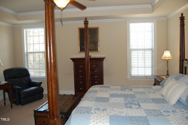 carpeted bedroom featuring multiple windows, a ceiling fan, a raised ceiling, and crown molding