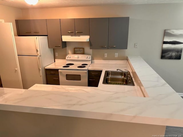 kitchen with gray cabinets, sink, kitchen peninsula, light stone countertops, and white appliances