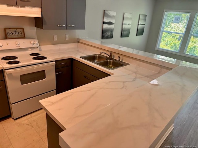 kitchen with light stone countertops, sink, electric range, and kitchen peninsula