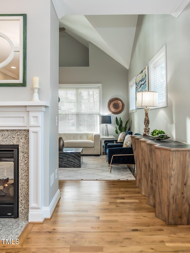 living area featuring light wood finished floors, a healthy amount of sunlight, lofted ceiling, and a premium fireplace