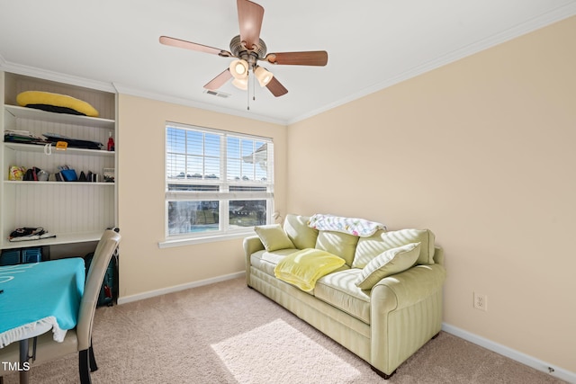 office area featuring baseboards, crown molding, visible vents, and carpet flooring