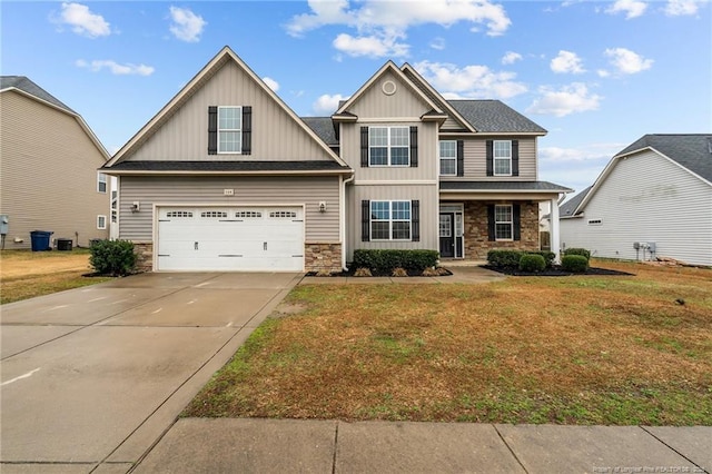 craftsman inspired home with a garage, central AC, and a front lawn