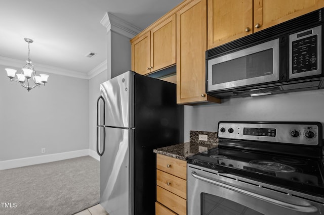 kitchen with visible vents, light colored carpet, appliances with stainless steel finishes, dark stone countertops, and crown molding