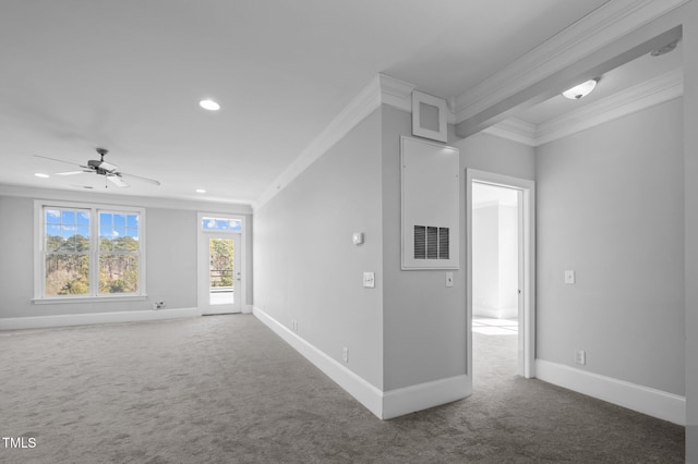 carpeted empty room featuring baseboards, ornamental molding, and recessed lighting