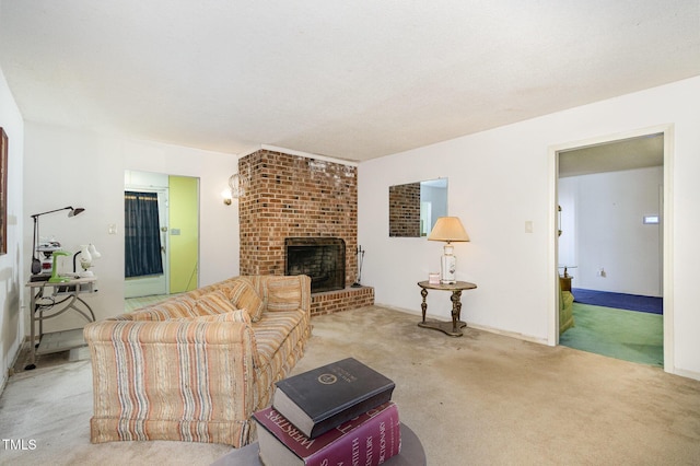 living room with carpet floors, a fireplace, and baseboards