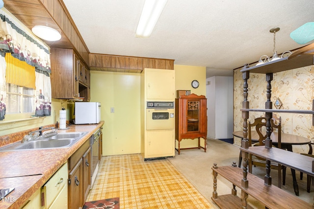 kitchen featuring light carpet, a textured ceiling, a sink, and white oven