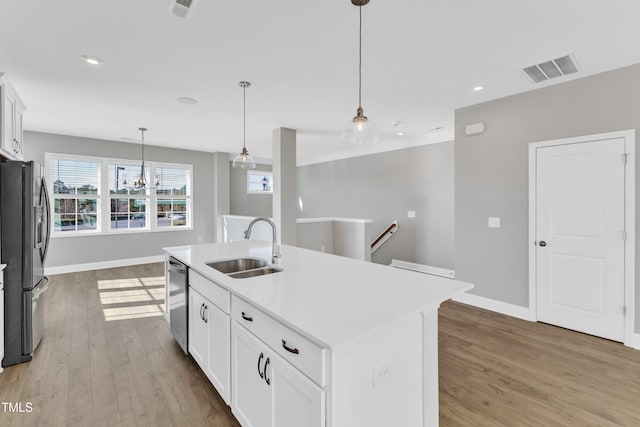 kitchen with stainless steel appliances, light countertops, a kitchen island with sink, and white cabinetry