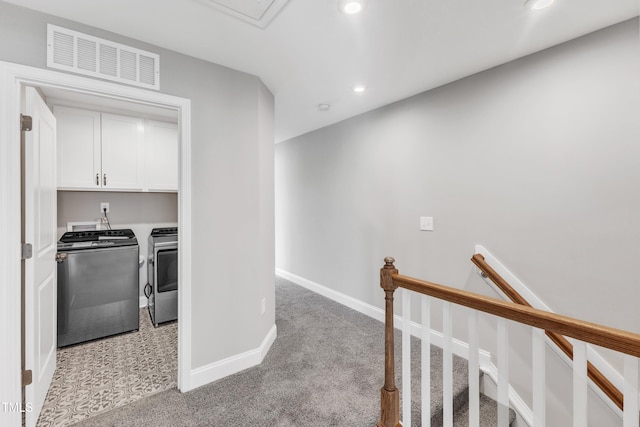 laundry area featuring cabinet space, baseboards, visible vents, washer and dryer, and recessed lighting