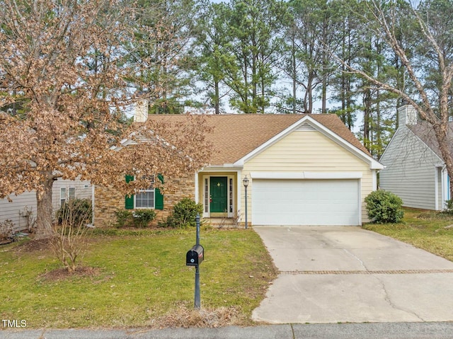 view of front of property with driveway, an attached garage, a front lawn, and roof with shingles