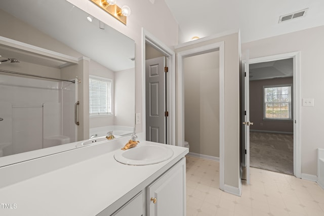 bathroom featuring visible vents, a shower, lofted ceiling, tile patterned floors, and a garden tub