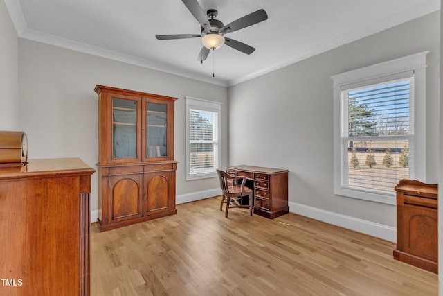 office featuring baseboards, crown molding, light wood finished floors, and ceiling fan