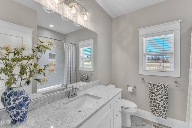 full bath featuring baseboards, toilet, a shower with curtain, marble finish floor, and vanity