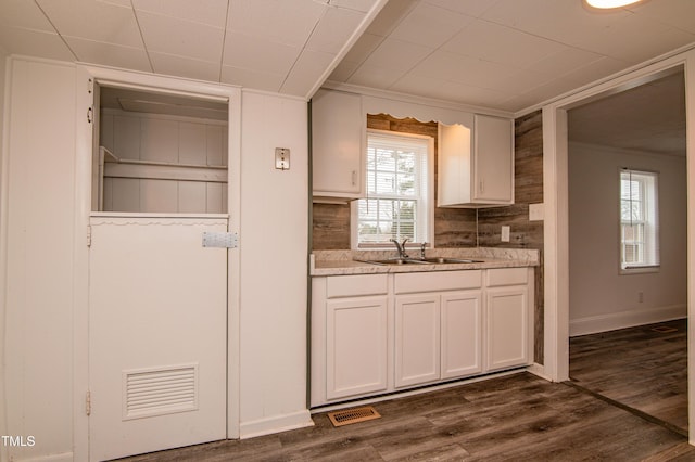 kitchen with tasteful backsplash, sink, dark wood-type flooring, and white cabinets