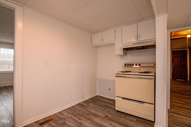 kitchen featuring white cabinetry, crown molding, dark wood-type flooring, and white range with electric cooktop