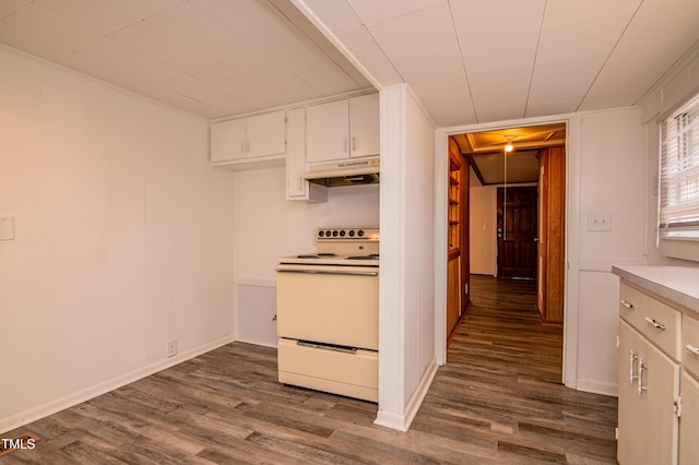 kitchen featuring white electric stove, white cabinetry, and dark wood-type flooring