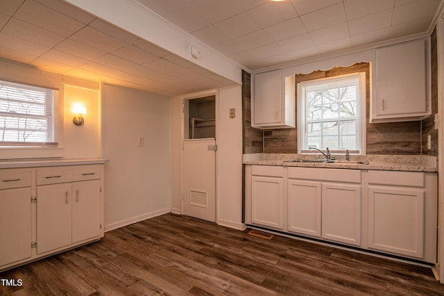 kitchen with sink, backsplash, light stone counters, white cabinets, and dark hardwood / wood-style flooring