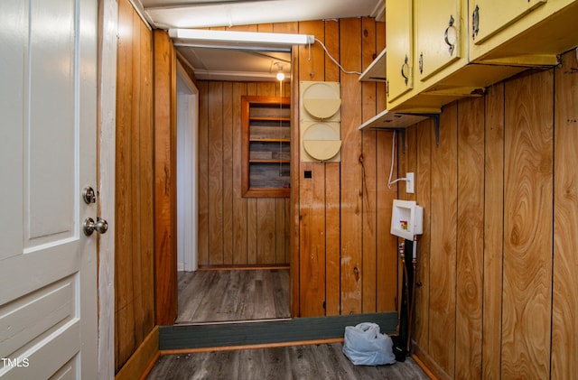 interior space featuring cabinets, hookup for a washing machine, dark wood-type flooring, and wooden walls