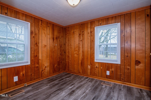 empty room featuring plenty of natural light, hardwood / wood-style floors, and wooden walls