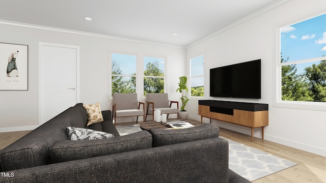 living room with light hardwood / wood-style flooring and ornamental molding