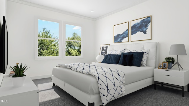 carpeted bedroom with ornamental molding