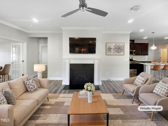 living room with sink, ornamental molding, and dark hardwood / wood-style floors