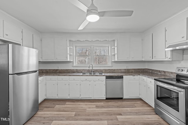 kitchen with appliances with stainless steel finishes, a sink, white cabinets, and under cabinet range hood