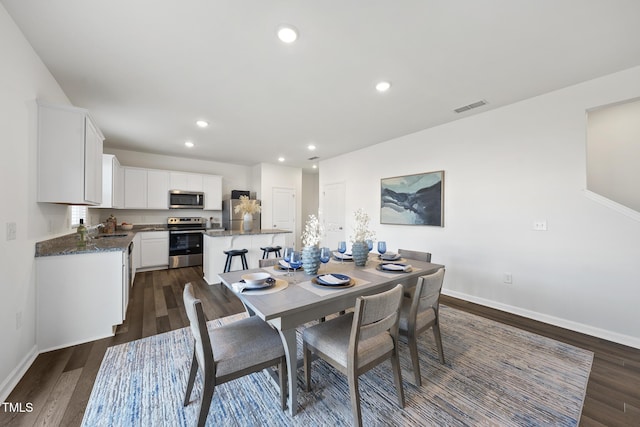 dining room with recessed lighting, visible vents, dark wood finished floors, and baseboards