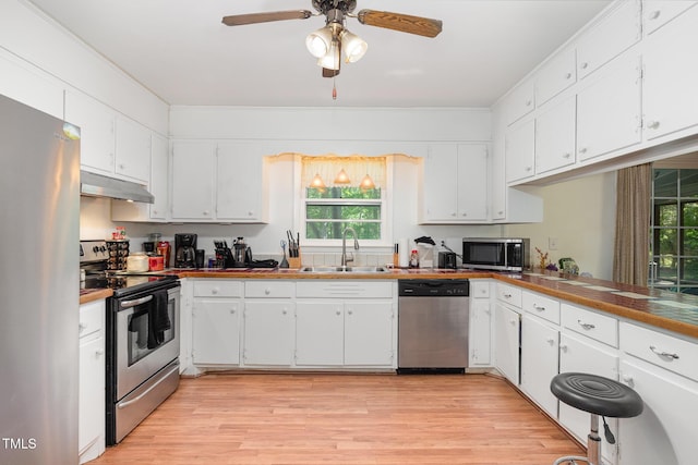 kitchen with under cabinet range hood, appliances with stainless steel finishes, white cabinetry, and a sink