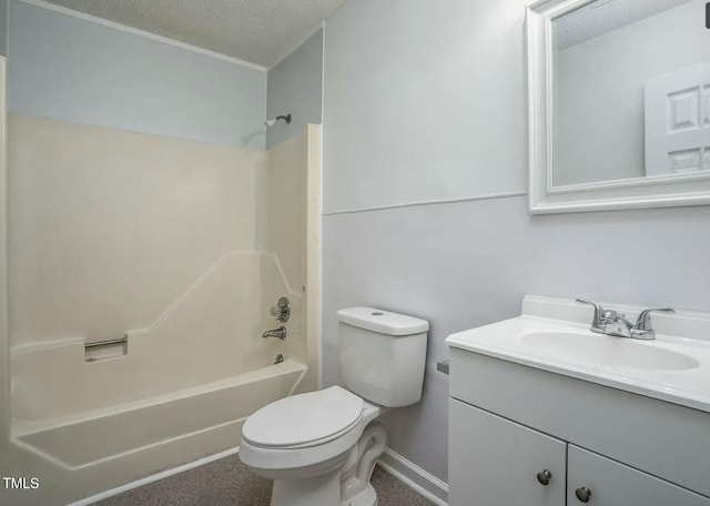 full bathroom featuring vanity, tub / shower combination, toilet, and a textured ceiling