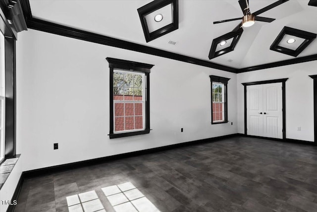 unfurnished bedroom with crown molding, vaulted ceiling, and dark wood-type flooring