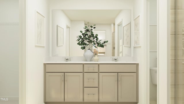 bathroom with vanity, a shower with shower door, and toilet