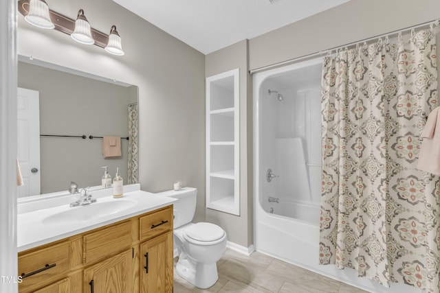 bathroom featuring tile patterned flooring, vanity, toilet, and shower / bathtub combination with curtain