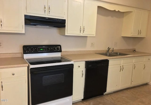 kitchen featuring under cabinet range hood, range with electric stovetop, a sink, black dishwasher, and light countertops