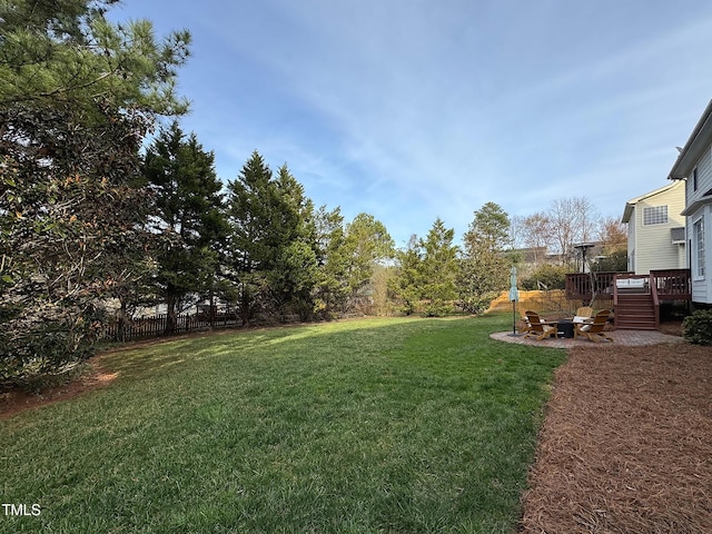 view of yard with fence and a deck