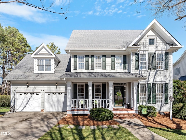 view of front of property featuring a garage, driveway, a porch, and a shingled roof