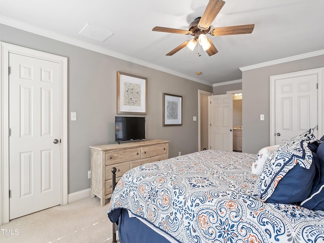 bedroom with visible vents, baseboards, light colored carpet, ceiling fan, and crown molding