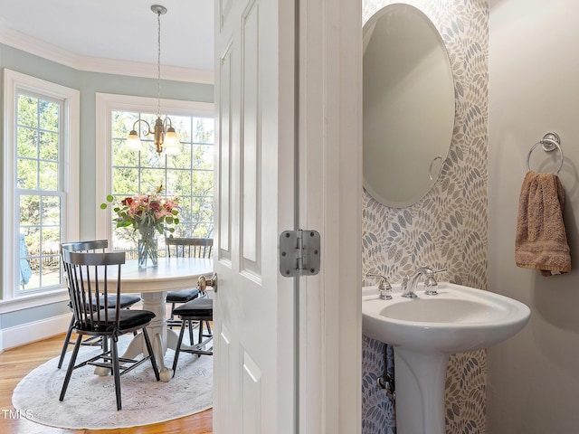 bathroom featuring ornamental molding, plenty of natural light, and wood finished floors