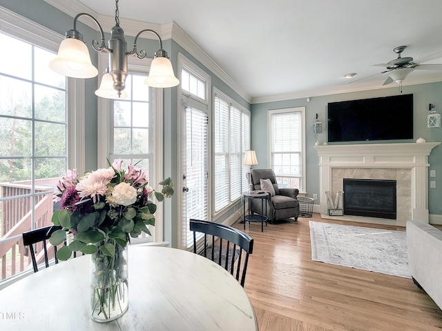 dining room featuring ceiling fan, light wood finished floors, a premium fireplace, and crown molding