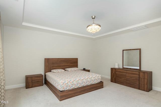 carpeted bedroom with crown molding