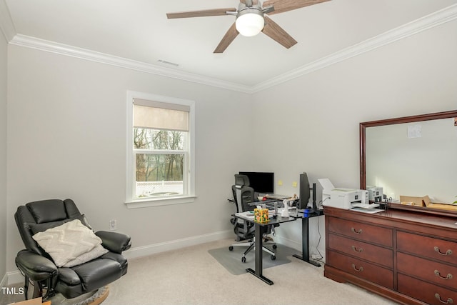 carpeted home office with crown molding and ceiling fan