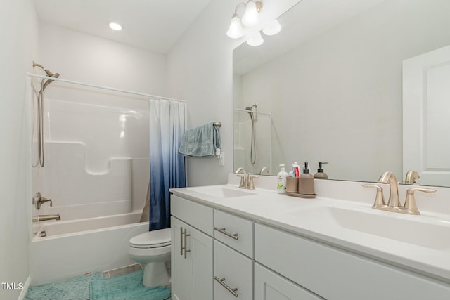 full bathroom with vanity, tile patterned floors, shower / bath combination with curtain, and toilet