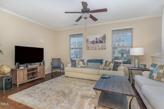 living room featuring crown molding, plenty of natural light, dark hardwood / wood-style floors, and ceiling fan