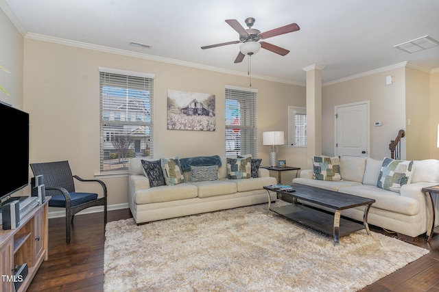 living room with dark hardwood / wood-style floors, a wealth of natural light, and ceiling fan