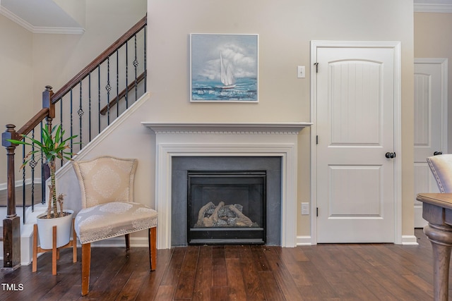 living area featuring ornamental molding and dark hardwood / wood-style flooring