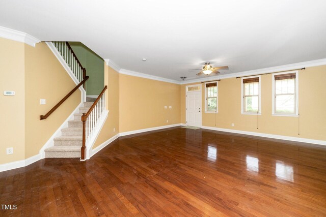 532 Front Ridge Dr, Cary, NC 27519 - empty room featuring wood finished floors, stairway, ceiling fan, ornamental molding, and baseboards