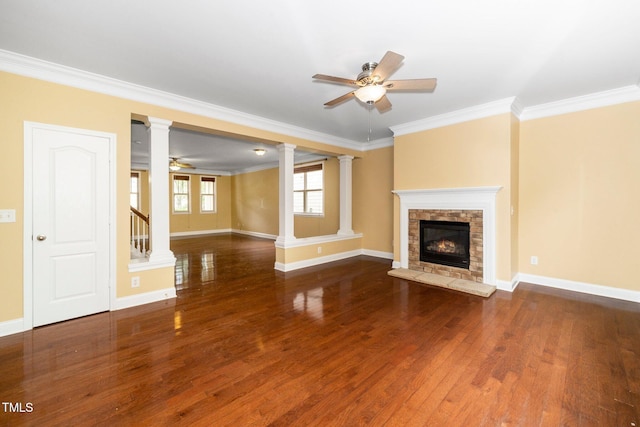 532 Front Ridge Dr, Cary, NC 27519 - unfurnished living room with a ceiling fan, ornamental molding, wood finished floors, baseboards, and a fireplace