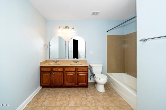 532 Front Ridge Dr, Cary, NC 27519 - bathroom with toilet, double vanity, tile patterned floors, bathing tub / shower combination, and baseboards